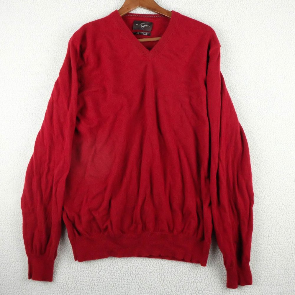 Black Brown Sweater Mens Large Red Cashmere Lightweight V Neck Preppy - Picture 1 of 12
